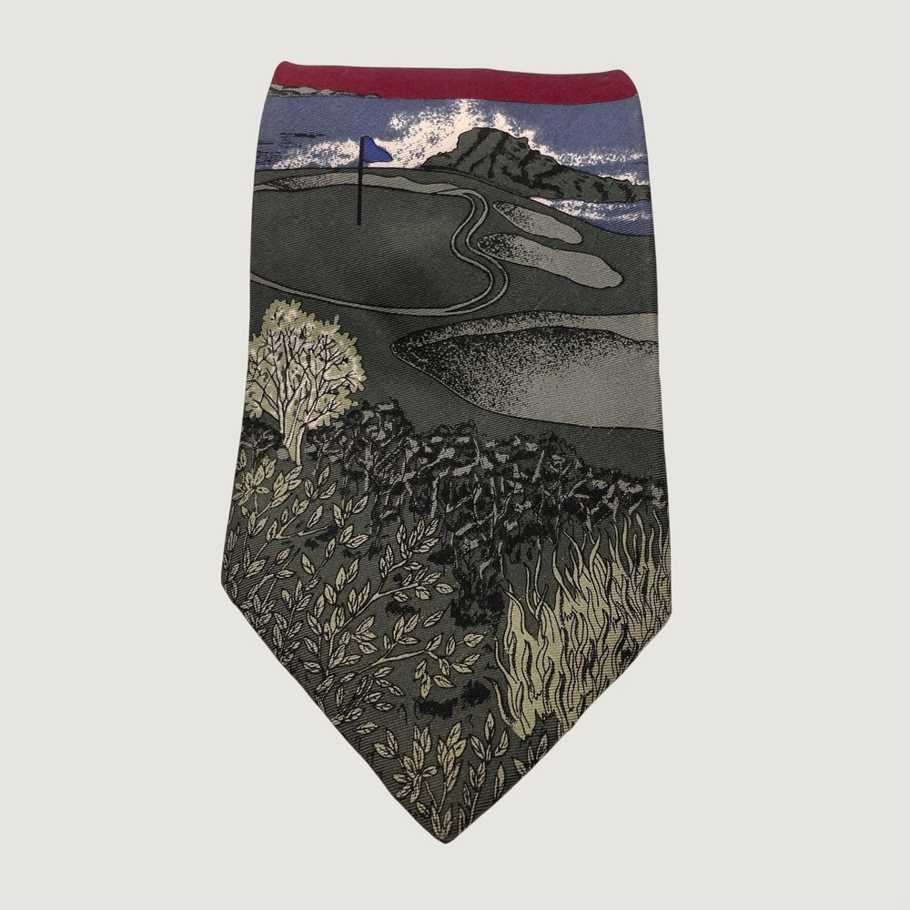 Pebble Beach Men's Art Vintage Golf Course Scene Striped Burgundy Silk Blend Tie